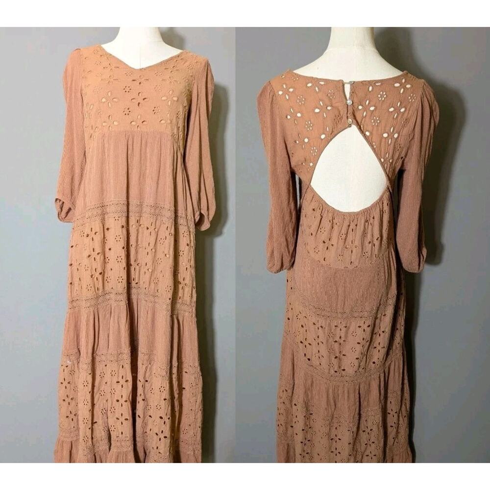 Bohme Boho Eyelet Tiered Midi Dress Brown Long Sleeve Open Back Festival